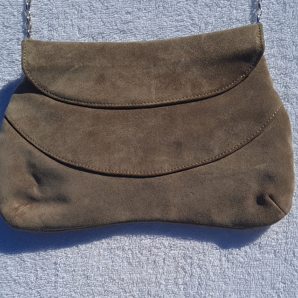 Elegant Tan Suede Clutch with Floral Accent By Swarvoski. - Picture 7 of 9